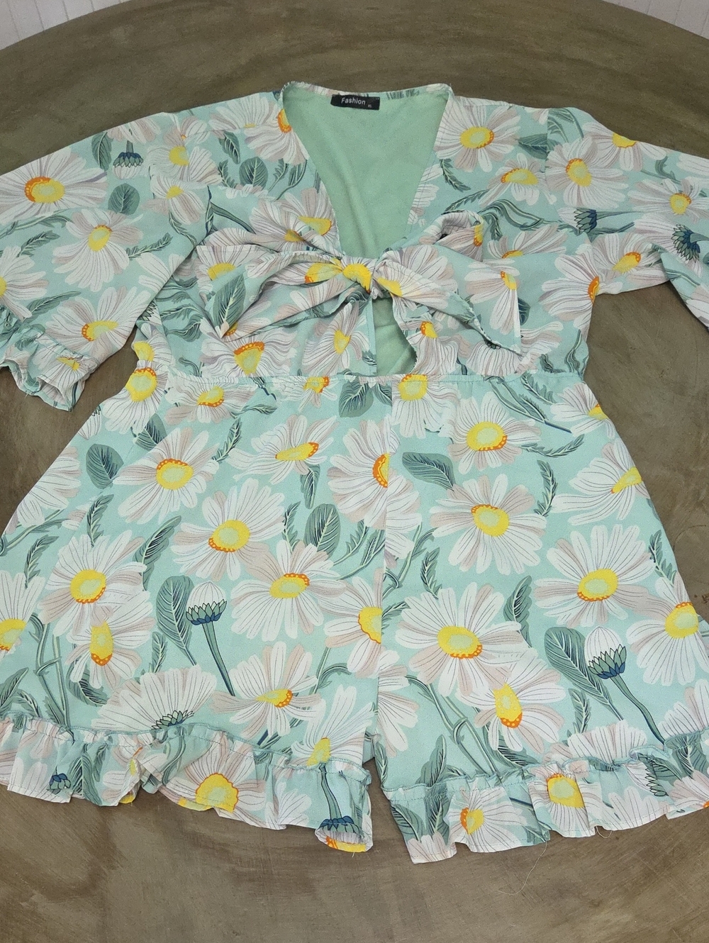 Amazon Mint Green Floral Print Romper with Yellow Daisy Accents